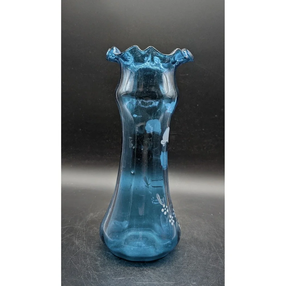 Vintage Blue Hand Blown Glass Ruffled Rim Vase Hand Painted Floral Gold Accents